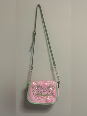 NWT Juicy Couture Pink Floral Crossbody with Green Trim and Chain Strap